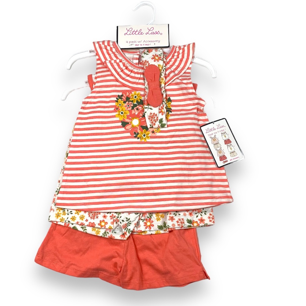 Little Lass Floral and Striped 4 Piece Set With Headband Sz 5